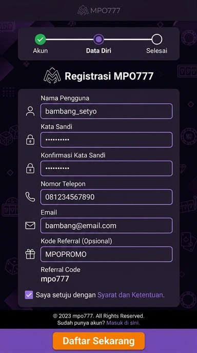 Tampilan halaman daftar mpo777